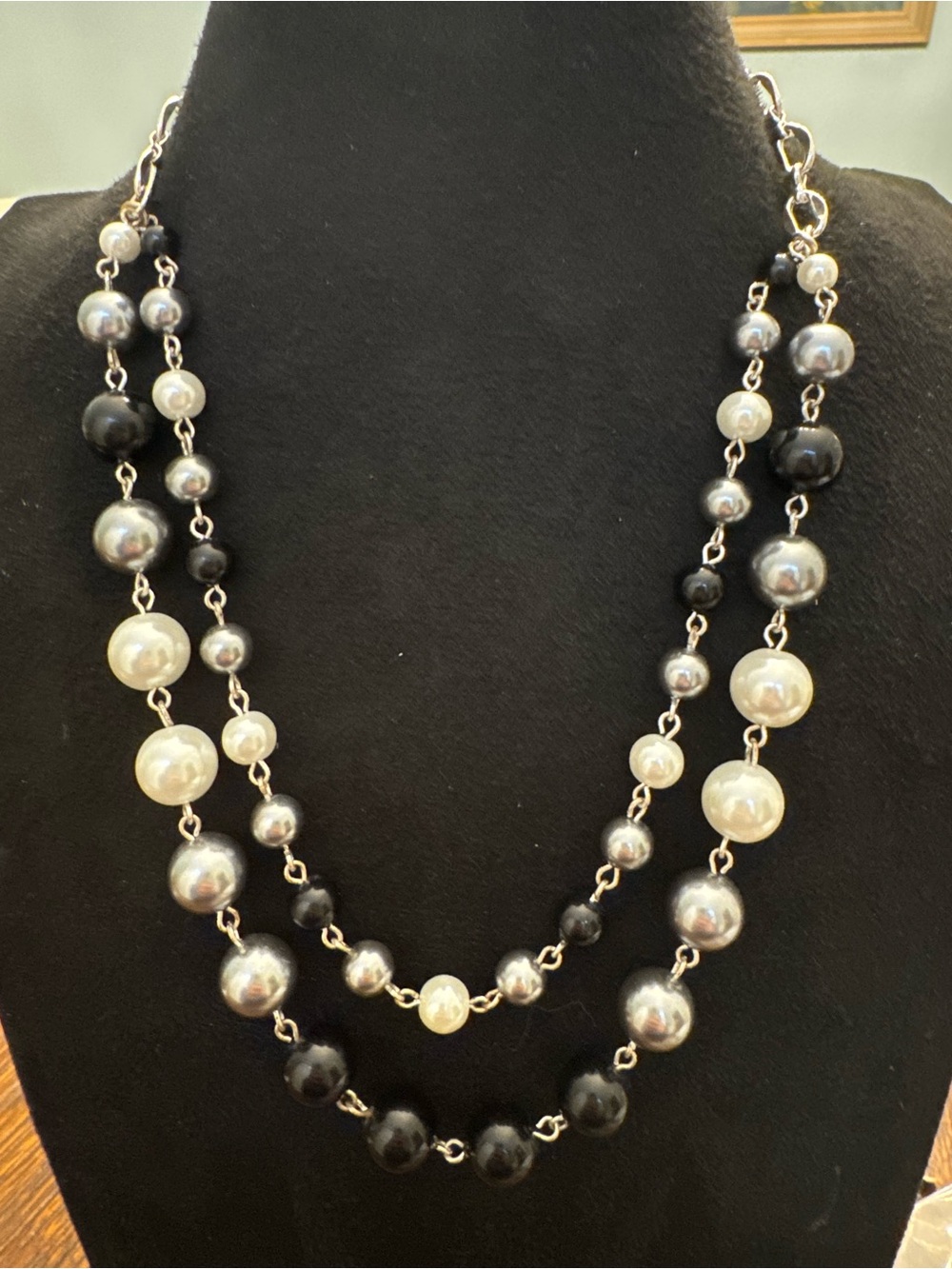 Napier Double Strand Faux Pearl Necklace Black Gray White Silver Tone